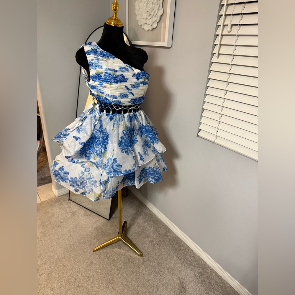 Blue & White One-Shoulder Floral Ruffle Dress
